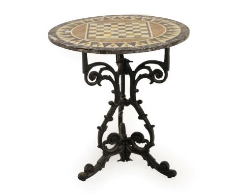 A 19th Century Italian Specimen Marble Circular Games' Top Table, with circular black and pink marble border around a geometr