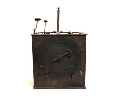 An 18th Century Turret Clock Movement, wrought iron two train movement with a verge crown wheel escapement, 11-inch chapter r