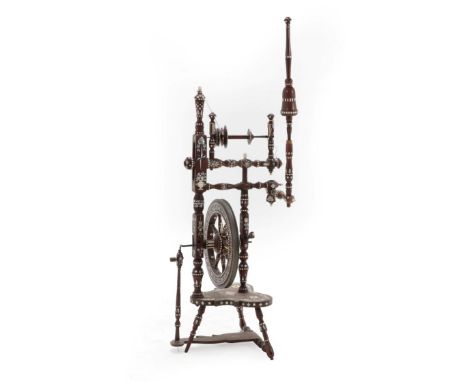 An Italian Bone and Mother-of-Pearl Inlaid Fruitwood Spinning Wheel, 19th century, the whole inlaid with flowers, urns, scrol