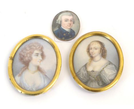 After Sir Anthony Van Dyck: Miniature Half Length Portrait of Henrietta Maria of France, on ivory, oval, 7cm by 5.2cm; A Simi