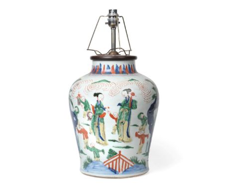 A Chinese Wucai Porcelain Baluster Jar, mid 17th century, painted with mothers and children in a fenced garden, 34cm high, co