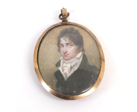 English School (19th century): Miniature Bust Portrait of a Gentleman, wearing a white stock and blue jacket, on ivory, oval,