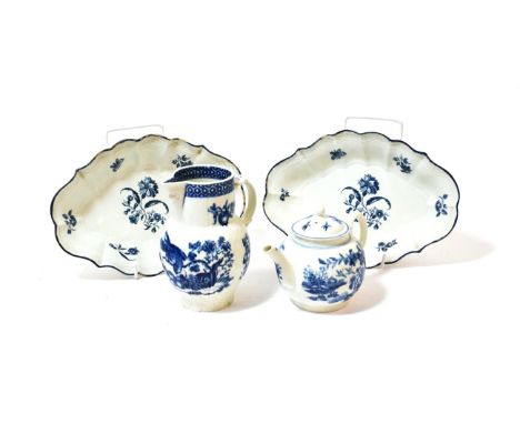 ^ A Pair of Worcester Porcelain Fluted Oval Dishes, circa 1775, printed in underglaze blue with the Gillyflower pattern, cres