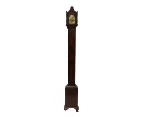 ~ A Small Mahogany Longcase Clock, late 19th/early 20th century, pagoda pediment, arched trunk door, 4-3/4-inch arch brass di