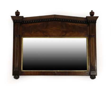 A Late Regency Mahogany and Parcel Gilt Overmantel Mirror, 2nd quarter 19th century, with moulded architectural pediment and 