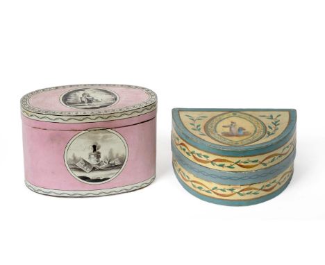 A Painted Wooden Tea Caddy and Hinged Cover, possibly Spa, circa 1780, of oval form, painted en grisaille with classical figu