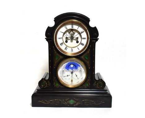 A Victorian Black Slate and Malachite Inlaid Striking Triple Calendar Moonphase Display Mantel Clock, circa 1870, arched pedi