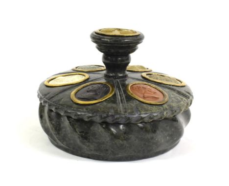 A Grand Tour Italian Green Marble Deskstand, 19th century, inset with seven various oval lava portrait cameos of historical f
