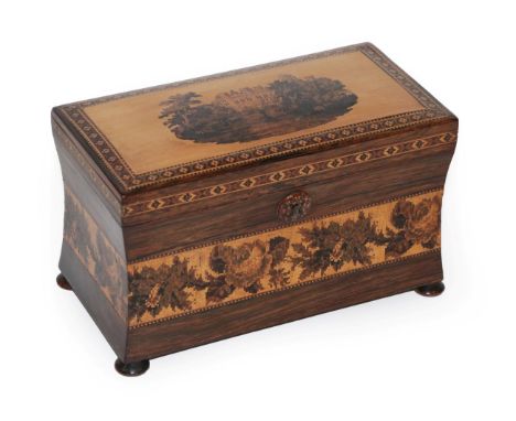 A Tunbridgeware Tea Caddy and Cover, mid 19th century, the domed hinged cover with a view of a country house within foliate b