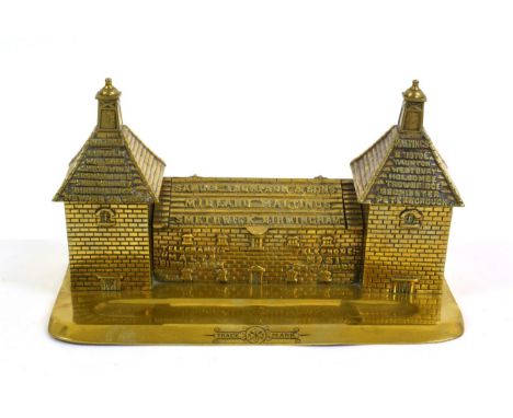 A Brass Novelty Desk Stand, Samuel Thompson &amp; Sons, Midland Maltings, Smethwick, circa 1900, of architectural form, 28cm 
