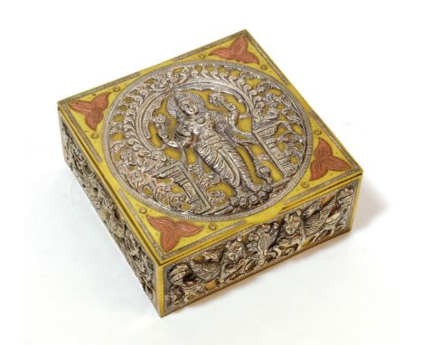 An Indian White Metal and Copper Inlaid Brass Box and Cover, 19th century, decorated with a four-armed goddess in an architec