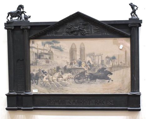 After Etore Forti Roman Chariot Races Photogravure, in a carved ebonised architectural frame with carved pediment and fluted 