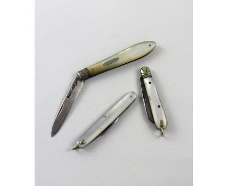 A hallmarked silver and mother of pearl fruit knife and two further plated examples (3).