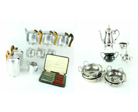 A quantity of Picquot ware including three teapots, two coffee pots, etc, an electroplated three-piece tea service and a case