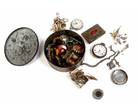 A quantity of costume jewellery including a Liverpool silver pocket watch (af) and silver guard chain with fob, a 9ct gold ru