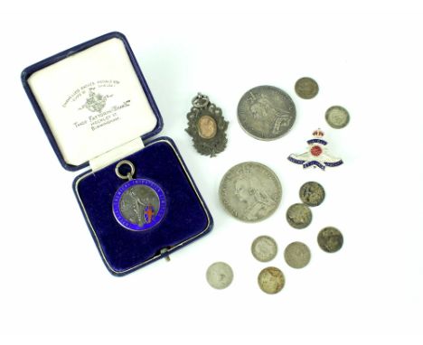 Two Queen Victoria silver crowns 1889 and 1890, a silver watch chain fob, an Imperial Chemical Industries Ltd Long Service si