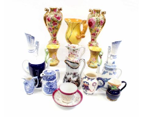 A quantity of mixed decorative pottery including a pair of Continental pottery vases decorated with roses on gold ground, hei