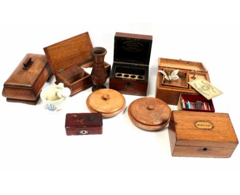 A mixed group of wooden boxes including a 19th century rosewood veneered 'Thompson &amp; Capper, Liverpool, Birkenhead Homoeo