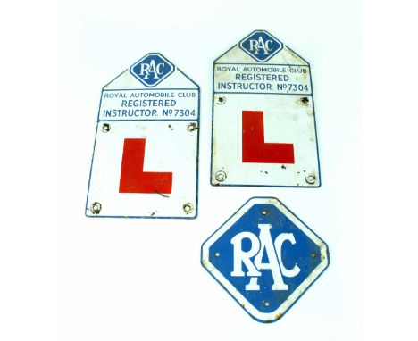 A pair of vintage enamelled RAC learner plates for registered instructor no.7304 and a further blue enamelled RAC plaque (3).