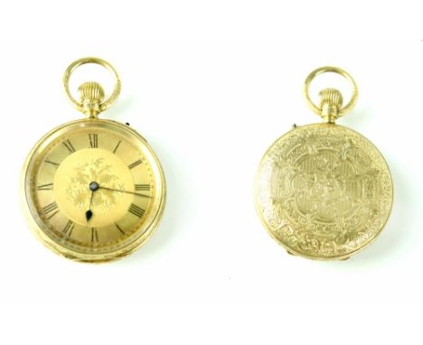 A ladies' Victorian 18ct gold open face pocket watch, crown wind with an engine-turned face set with Roman numerals and blue 