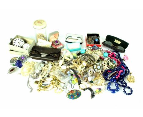 A quantity of various costume jewellery, silver pocket watches (af) spectacles, vintage leather wallet, cufflinks, brooches, 