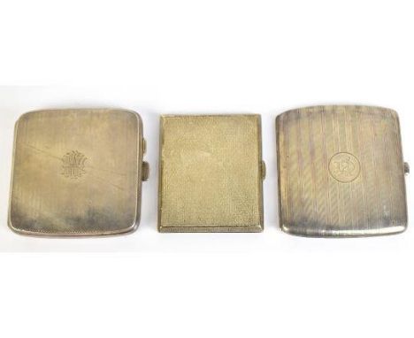 A George V hallmarked silver rectangular cigarette case with engine turned decoration, initialled 'JB' to interior, Henry Mat