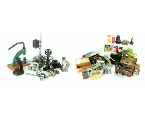 Mixed group of watchmaker's tools and equipment including staking anvils and tools including stake sets, micrometers, 'The Ne