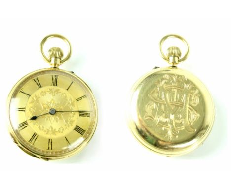 A ladies' Victorian 18ct gold open face pocket watch, crown wind with an engine-turned face set with Roman numerals and blue 