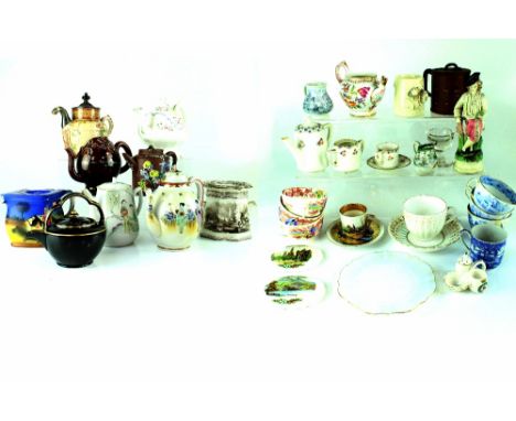 A quantity of mainly 19th century teapots, cups and saucers including self-pouring teapot with silver plated mounts, a Rockin
