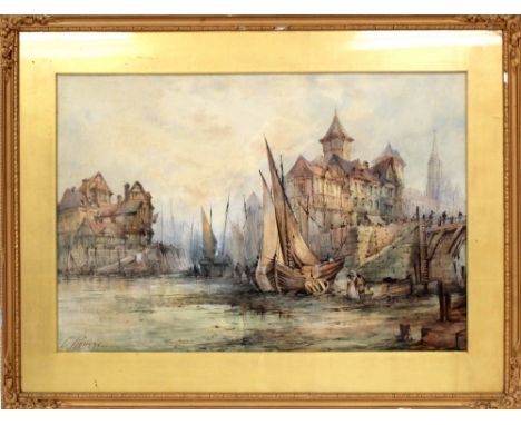 CHARLES ROUSSE (b1870-1890); watercolour, Continental harbour scene, signed lower left, 56 x 84cm, framed and glazed. CONDITI