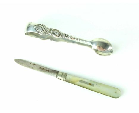 A pair of Victorian hallmarked silver sugar tongs, Birmingham 1876 and a hallmarked silver and mother of pearl fruit knife (2