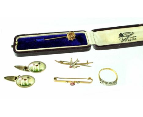 Two 9ct gold bar brooches, a swallow example and red stone and pearl, a 9ct gold stick pin, 18ct gold and diamond ring with f