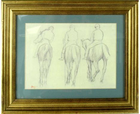After Degas; a monoprint depicting three horses, possibly titled 'Horsing Around' or 'Races', framed and glazed, 22.5 x 32.5c