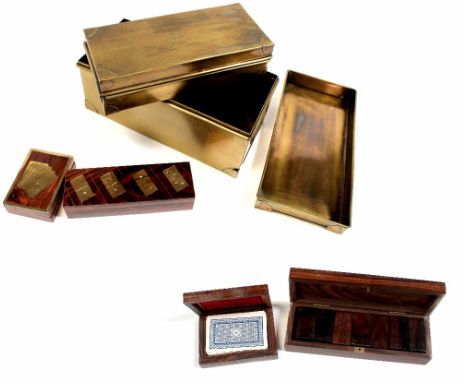 A brass wine bottle holder on chamfered wood base in the antique style, height 30cm, two brass tabletop storage boxes in an a