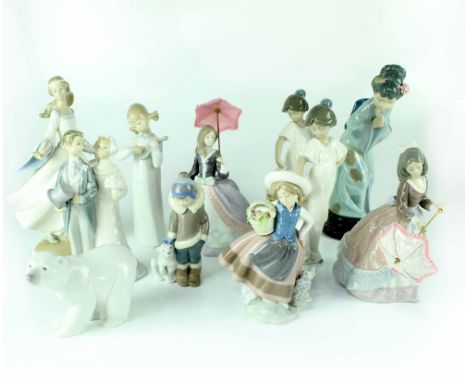 Nine various Lladró figures to include a young couple on their wedding day, a young maiden, a Japanese geisha in traditional 