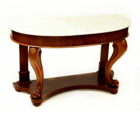 A 19th century mahogany bow-front console table with white marble top and small drawer, raised on cabriole supports on claw f