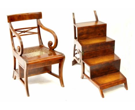 A Regency-style mahogany metamorphic library chair with cane seat, the chair converts to four leather inset steps, height of 