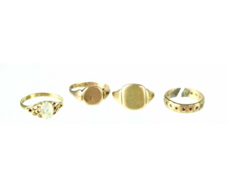 Four 9ct gold rings including two signet rings, ruby set pave, glass stone fashion ring, size T, total gross weight approx 12