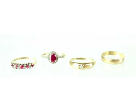 Four 9ct gold rings to include a wedding band, size O, a wedding band set with diamond in a star-form setting, size O, a ring