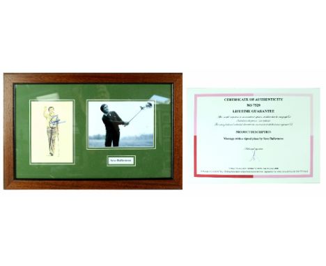 A Seve Ballesteros signed portrait print mounted with an action shot photo, framed and glazed with certificate of authenticit