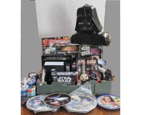 Various Star Wars toys and ephemera including Darth Vader carrying case, wall clock, action figure, Stormtrooper alarm clock,