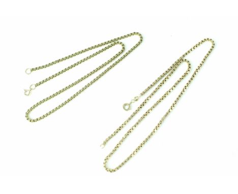 Two 9ct gold box chain necklaces, length 50cm and 45cm, total weight approx 29g (2). CONDITION REPORT Generally in good condi
