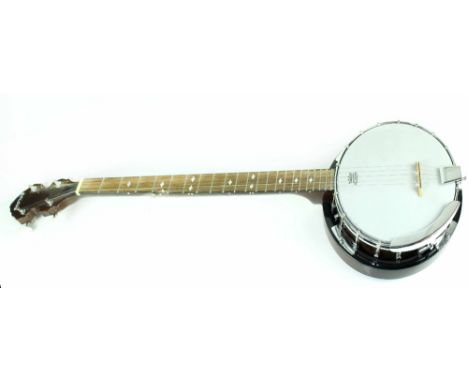 A Boston mahogany-backed five-string banjo with mother of pearl tuning winders and inlaid detail to the fret board, painted m