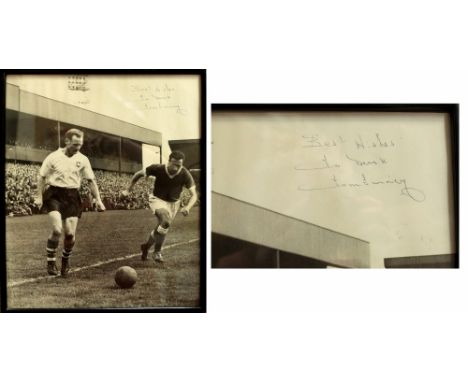 A Tom Finney black and white photo print dedicated and signed 'Best wishes to Derek, Tom Finney', height 38 x 30cm, framed an