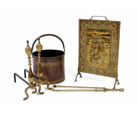 A small quantity of metalware to include a brass fire screen embossed with a large ship within shell border, a brass-bound co