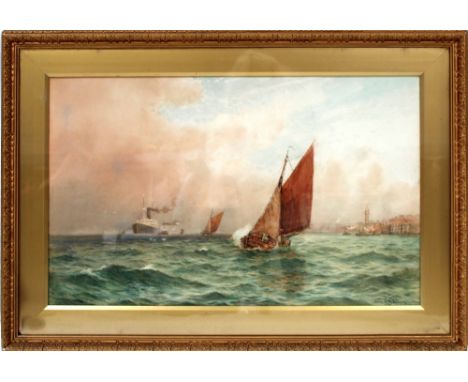 SAMUEL JOHN MILTON BROWN (1873-1965); watercolour, maritime scene of a small yacht with a large ferry in the background, sign