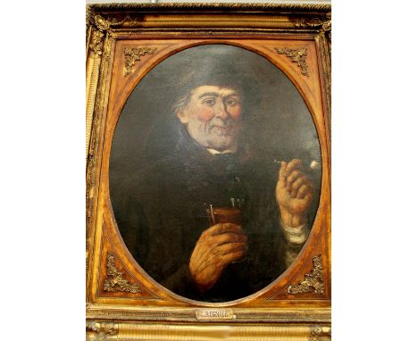 ENGLISH SCHOOL; oil on canvas, portrait of a gentleman smoking a pipe, 65 x 52cm, framed, the frame mounted with a plaque ins