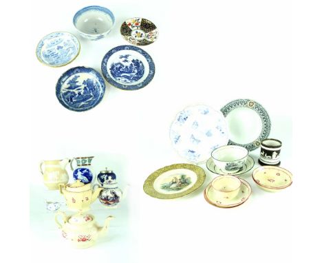 A quantity of 18th and 19th century ceramics to include an 18th century porcelain hand painted teapot in blue and iron red, a