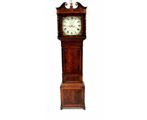 An early/mid-19th century oak cross banded and line inlaid eight-day longcase clock with broken swan neck pediment above squa