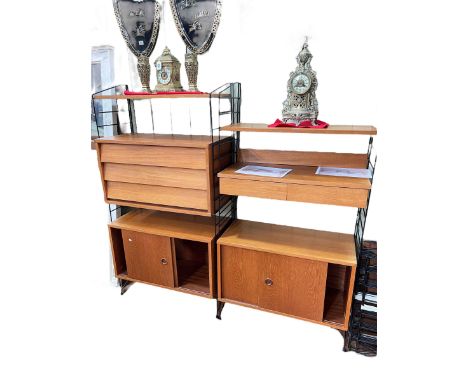 Two teak ladder rack units and two sets of wall shelves (4), ladder racks 149cm by 78cm by 32cm.